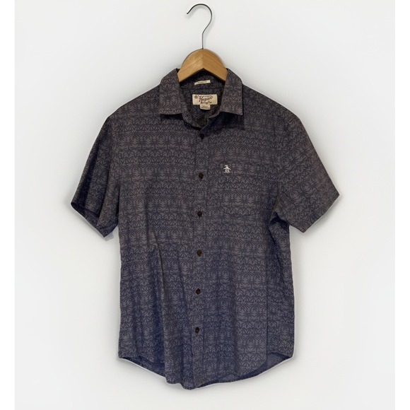 PENGUIN Mens Shirt LMClassic Fit Short Sleeve Blue Floral Eclectic Grandpa Dad - Picture 1 of 8